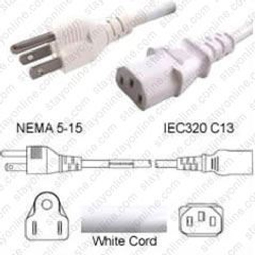 NEMA 5-15 Male Plug to IEC320 C13 Connector 1.8 Meters / 6 Feet 10A/125V 18/3 SJT White - Power Cord