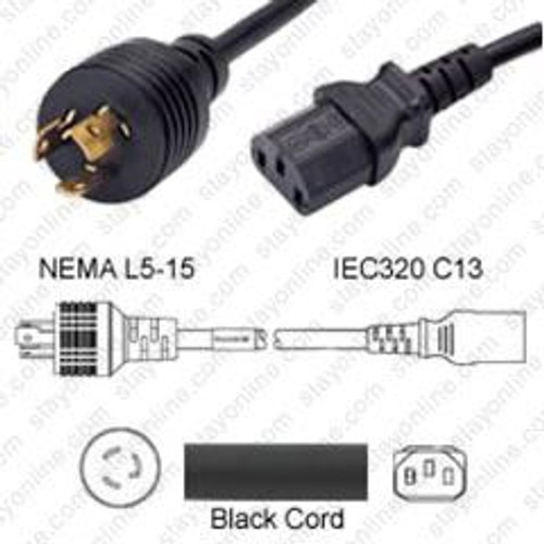 NEMA L5-15 Male Plug to IEC320 C13 Connector 3.7 Meters / 12 Feet 15A/125V 14/3 SJT Black - Locking Power Cord
