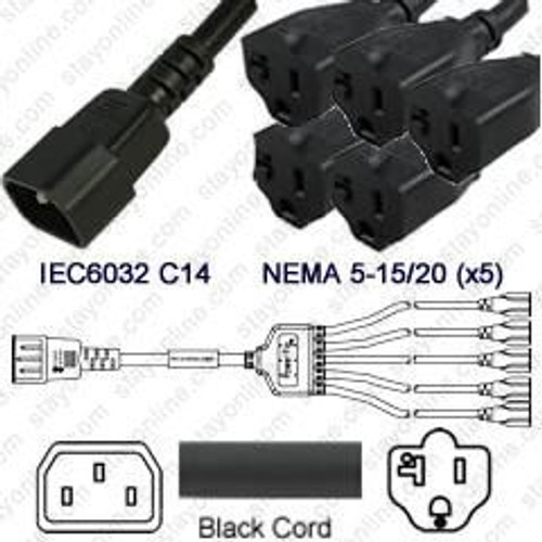 IEC320 C14 Male Plug to 5 Way NEMA Female 5-20 Connectors 3.0 Meters / 10 Feet 15A/125V 14/3 SJT 24 Inch Legs Black - Splitter Power Cord