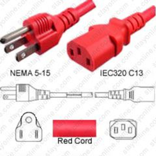 NEMA 5-15 Male Plug to IEC320 C13 Connector 0.9 Meters / 3 Feet 15A/125V 14/3 SJT Red - Power Cord