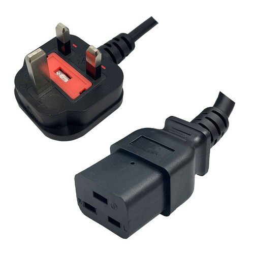 Power Cord UK BS1363 Male Plug Fused Angled Down to IEC 60320-C19 Female Angled Right 8.5 Feet 13A / 250V 