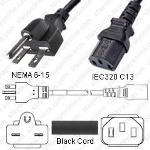 NEMA 6-15 Male Plug to IEC320 C13 Connector 0.9 Meters / 3 Feet 15A/250V 14/3 SJT Black - Power Cord