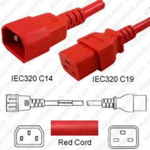 IEC320 C14 Male Plug to C19 Connector 1.8 Meters / 6 Feet 15A/250V 14/3 SJT Red - Power Cord