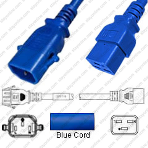 IEC320 C14 Plug to IEC320 C19 Connector P-Lock 1.2 Meters / 4 Feet 15A/250V 14/3 SJT Blue - Locking Power Cord