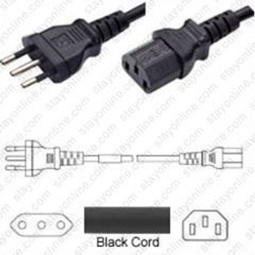 Italy CEI2350 Male Plug to IEC320 C13 Connector 1.8 meters / 6 feet 10A/250V H05VV-F3G.75 Black - Country Power Cord Hanked