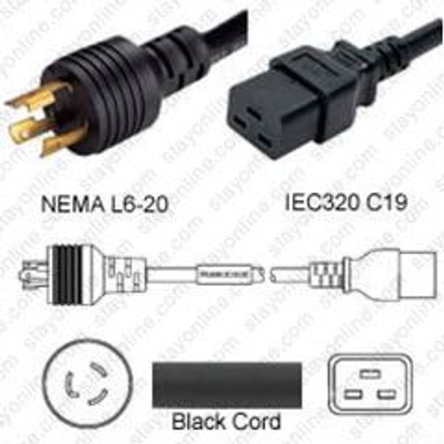 Cisco Compatible CAB-AC-2800W-TWLK-15 NEMA L6-20 Male Plug to IEC320 C19 Connector 4.5 Meters / 15 Feet 20A/250V 12/3 SJT Black - Locking Power Cord