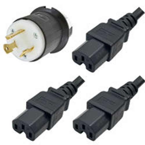 NEMA L6-30 Male Plug to 3 Way IEC320 C15 Connectors 4.3 Meters / 14 Feet 15A/250V 12/3 & 14/3 SJT 24 Inch Legs Black - Splitter Power Cord