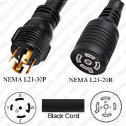 NEMA L21-30 Male Plug to L21-20 Connector 0.3 meters / 1 foot 20A/208V 10/5 SOOW Black - Pigtail Plug Adapter