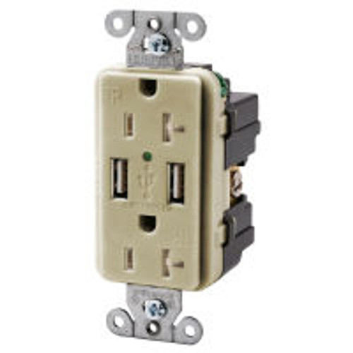 Hubbell USB20X2I AC Receptacle NEMA 5-20 Female Duplex with 2 USB Ports Ivory
