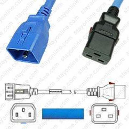 IEC320 C20 Male Plug to C19 Connector W-Lock 0.9 Meters / 3 Feet 16A/250V H05VV-F3G1.5 & 15/3 SJT Blue - Locking Power Cord