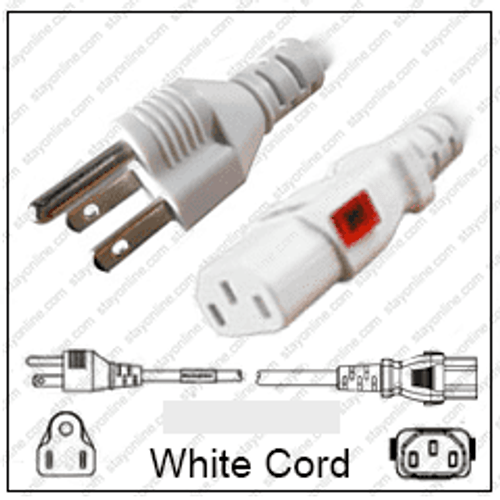 NEMA 5-15 Male Plug to IEC320 C13 Connector WS-Lock 1.8 meters / 6 feet 15A/125V 14/3 SJT White - Locking Power Cord