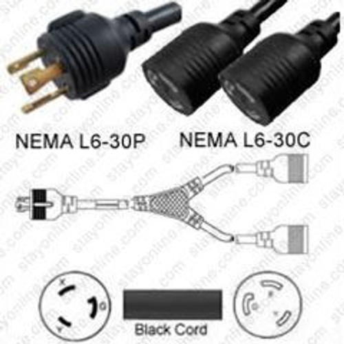 NEMA L6-30 Male Plug to 2 Way L6-30 Connectors 3.0 Meters / 10 Feet 30A/250V 10/3 SJT 24 Inch Legs Black - Splitter Power Cord