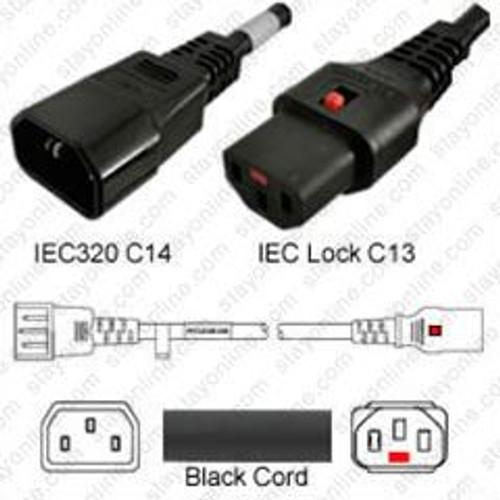 IEC320 C14 Male Plug to C13 Connector IEC-Lock 1.2 meters / 4 feet 10A/250V 18/3 SJT Black - Locking Power Cord
