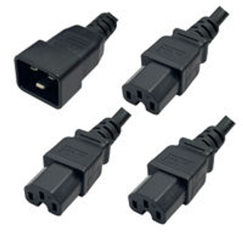 IEC320 C20 Male Plug to 3 Way C15 Connectors 4.5 Meters / 15 Feet 15A/250V 12/3 & 14/3 SJT 24 Inch Legs Black - Splitter Power Cord