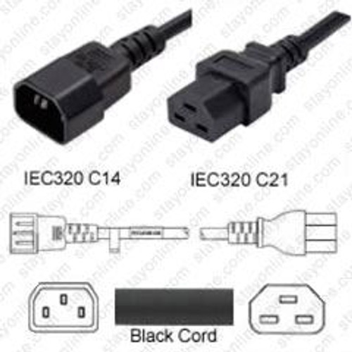 IEC320 C14 Male Plug to C21 Connector 0.9 Meters / 3 Feet 15A/250V 14/3 SJT Black - Power Cord