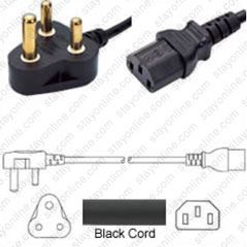 India Type M IS1293 IA16A3 Large Male Plug Angled Down to IEC320 C13 Connector 1.8 Meters / 6 Feet 10A/250V YY F3G.75 Black - Country Power Cord Hanked