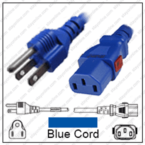 NEMA 5-15 Male Plug to IEC320 C13 Connector WS-Lock 1.8 meters / 6 feet 10A/125V 18/3 SJT Blue - Locking Power Cord