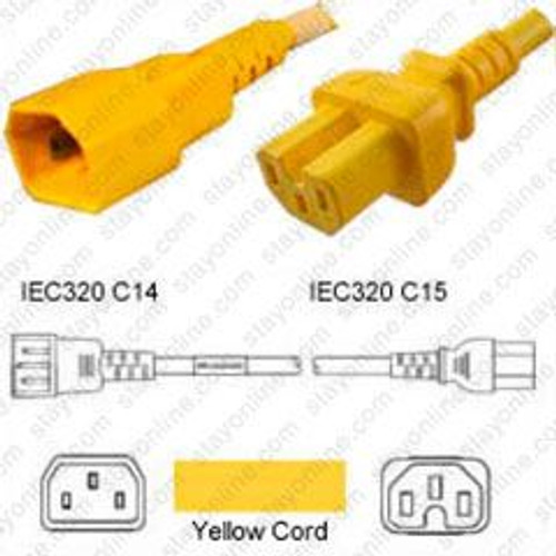 IEC320 C14 Male Plug to C15 Connector 1.5 Meters / 5 Feet 15A/250V 14/3 SJT Yellow - Power Cord