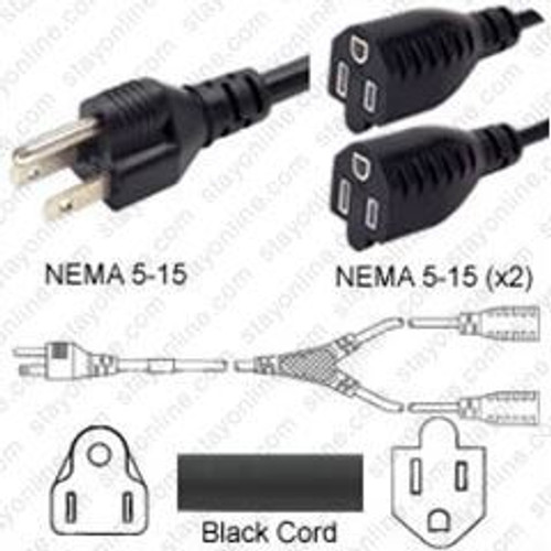 NEMA 5-15 Male Plug to 2 Way 5-15 Connectors 0.35 Meters / 14 Inch 15A/125V 14/3 SJT 7 Inch Legs Black - Splitter Power Cord