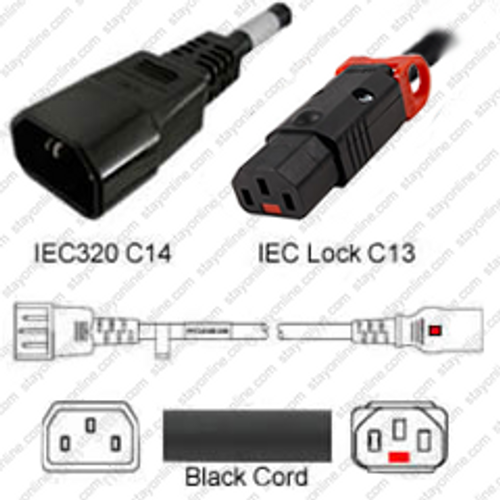 IEC320 C14 Male Plug to C13 Connector IEC-Lock LSZH 1.0 Meters / 3.25 Feet 10A/250V H05Z1Z1-F3G1.0 Black - Locking Power Cord