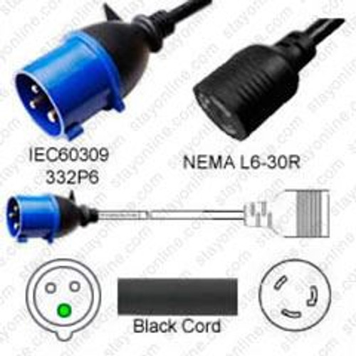 IEC60309 332P6 Male Plug to NEMA L6-30 Connector 0.3 Meters / 1 Foot 30A/250V H05VV-F3G4.0 Black - Pigtail Plug Adapter