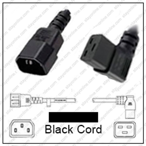 IEC320 C14 Male Plug to C19 Connector Angled Right 1.8 meters / 6 feet 15A/250V 14/3 SJT Black - Power Cord