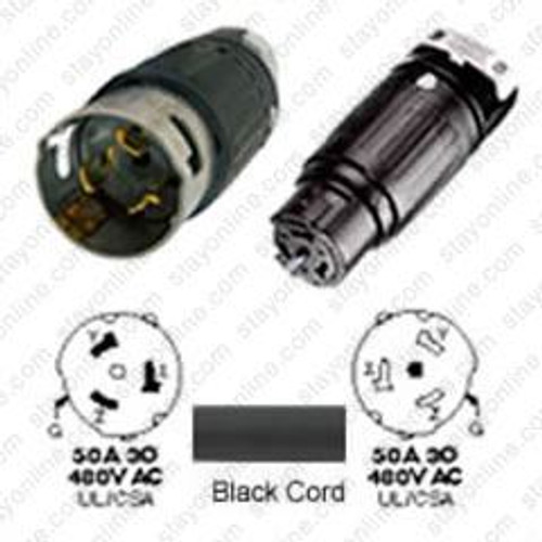 California Style CS8165C Male Plug to CS8164C Connector 7.6 Meters / 25 Feet 50A/480V 4/4 SOOW Black - Locking Power Cord