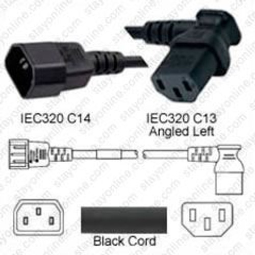 IEC320 C14 Male Plug to C13 Connector Angled Left 1.8 Meters / 6 Feet 10A/250V 18/3 SJT Black - Power Cord