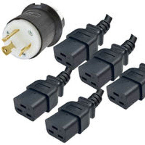 NEMA L6-30 Male Plug to 5 Way IEC320 C19 Connectors 1.2 Meters / 4 Feet 20A/250V 10/3 & 12/3 SJT 24 Inch Legs Black - Splitter Power Cord