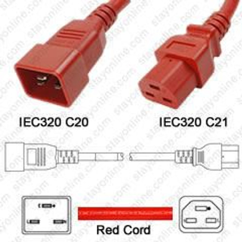 IEC320 C20 Male Plug to C21 Connector 1.8 Meters / 6 Feet 20A/250V 12/3 SJT Red - Power Cord