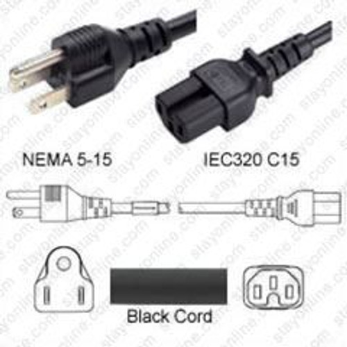 NEMA 5-15 Male Plug to IEC320 C15 Connector 3.0 Meters / 10 Feet 15A/125V 14/3 SJT Black - Power Cord