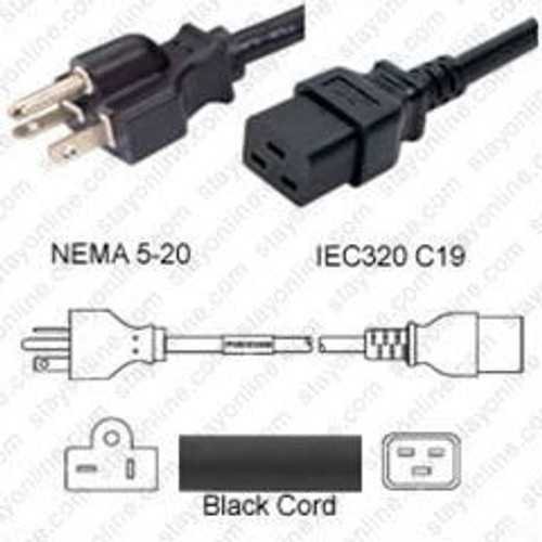 NEMA 5-20 Male Plug to IEC320 C19 Connector 2.5 Meters / 8 Feet 20A/125V 12/3 SJT Black - Power Cord