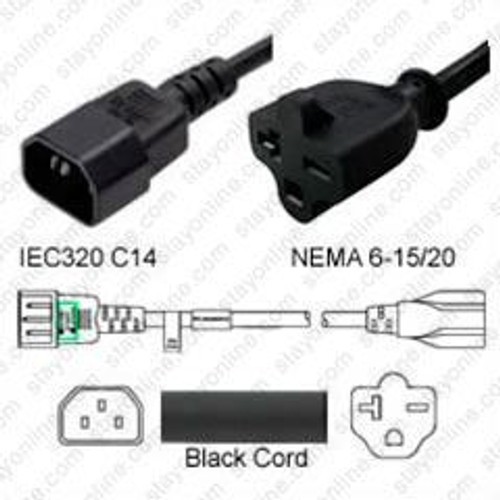 IEC320 C14 Male Plug to NEMA 6-20 Connector 0.3 Meters / 1 Foot 15A/250V 14/3 SJT Black - Pigtail Plug Adapter
