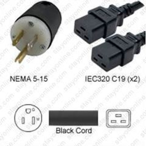 Splitter Power Cord NEMA 5-15 Plug to 2 Way IEC 60320 C19 Connector 10 Feet 15A/125V 14/3 SJT