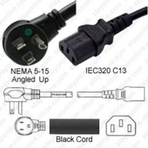 NEMA 5-15 Male Plug Angled Up to IEC320 C13 Connector 1.8 Meters / 6 Feet 10A/125V 18/3 SJT Black - Hospital Grade Power Cord Hanked
