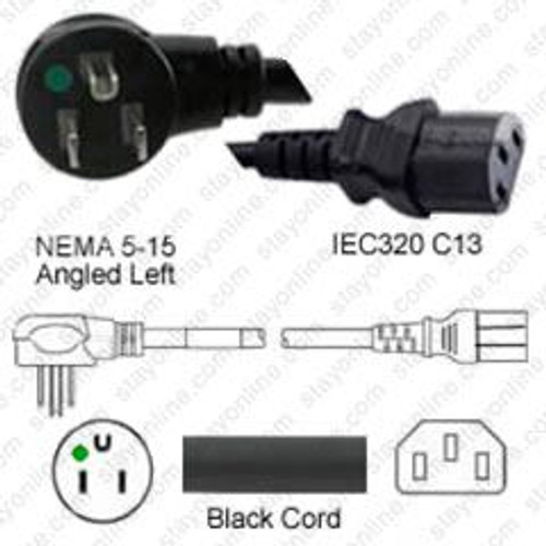 NEMA 5-15 Male Plug Angled Left to IEC320 C13 Connector Shielded 4.5 Meters / 15 Feet 15A/125V 14/3 SJT Black - Hospital Grade Power Cord