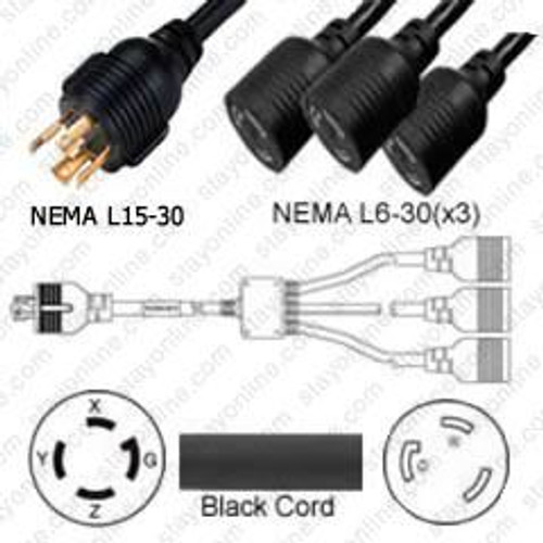 NEMA L15-30 Male Plug to 3 Way L6-30 Connectors 3.0 Meters / 10 Feet 30A/250V 8/4 STO & 10/3 SJT 24 Inch Legs Black - Splitter Power Cord
