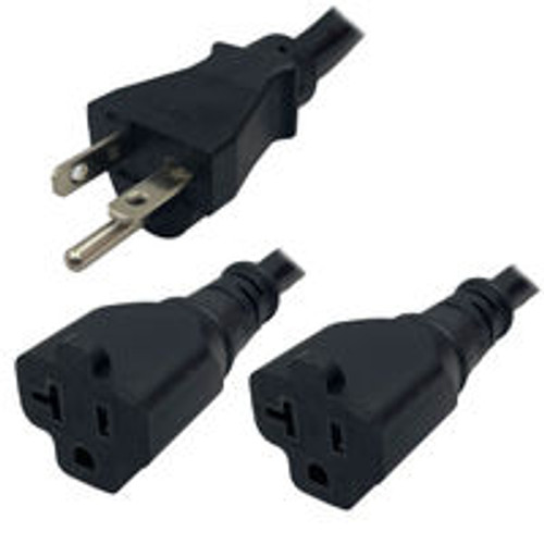 NEMA 5-20 Male Plug to 2 Way 5-20 Connectors 3.0 Meters / 10 Feet 20A/125V 12/3 SJT 24 Inch Legs Black - Splitter Power Cord