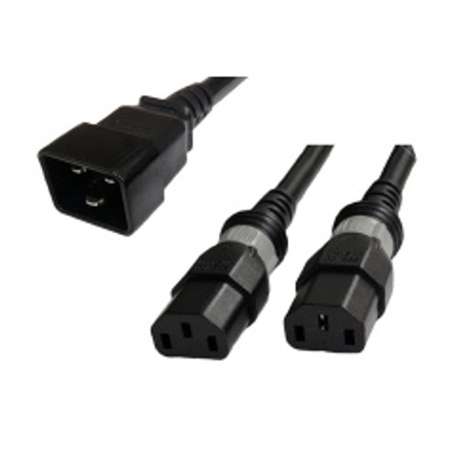 IEC320 C20 Male Plug to IEC320 C13 Connector S-Lock 0.6 Meters / 2 Feet 15A/250V 14/3 SJT 12 Inch Legs Black - Locking Splitter Power Cord