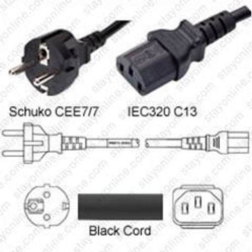 Schuko CEE7/7 Male Plug to IEC320 C13 Connector 2.0 Meters / 6.5 Feet 10A/250V H05VV-F3G1.0 Black - Country Power Cord