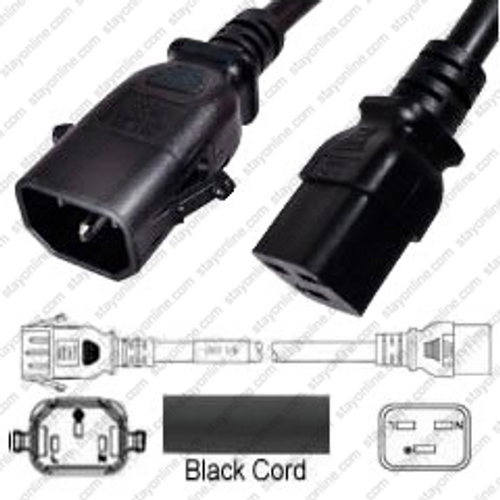 IEC320 C14 Plug to IEC320 C19 Connector P-Lock 1.2 Meters / 4 Feet 15A/250V 14/3 SJT Black - Locking Power Cord