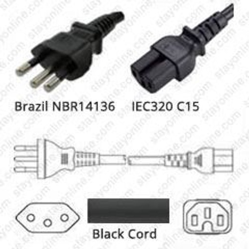Cisco Compatible CAB-ACBZ-12A Brazil NBR14136 Male Plug to IEC320 C15 Connector 2.5 Meters / 8 Feet 10A/250V H05RR-F3G1.0 Black - Country Power Cord