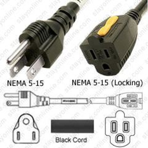 NEMA 5-15 Male Plug to 5-15 Connector Locking 3.7 Meters / 12 Feet 15A/125V 14/3 SJT Black - Power Extension Cord
