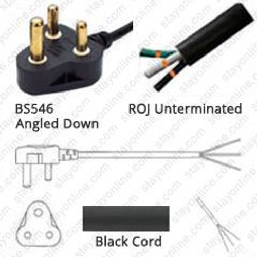 South Africa SANS164-1 Male Plug Angled Down to ROJ 2.5 Meters / 8 Feet 10A/250V H05VV-F3G1.0 Black - Country Power Supply Cord