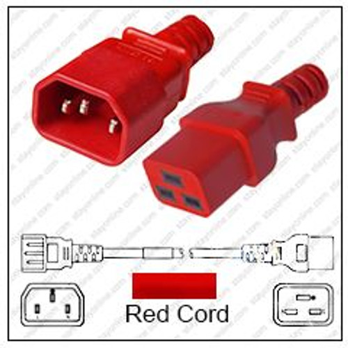 IEC320 C14 Male Plug to C19 Connector 1.5 Meters / 5 Feet 15A/250V 14/3 SJT Red - Power Cord