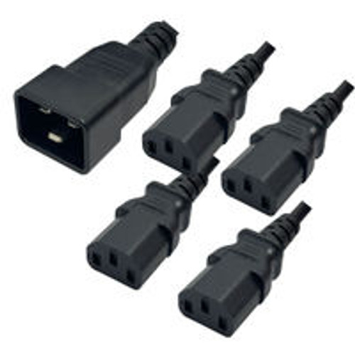 IEC320 C20 Male Plug to 4 Way C13 Connectors 3.0 Meters / 10 Feet 15A/250V 12/3 & 14/3 SJT 24 Inch Legs Black - Splitter Power Cord