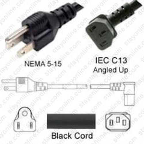 NEMA 5-15 Male Plug to IEC320 C13 Connector Angled Up 2.5 Meters / 8 Feet 15A/125V 14/3 SJT Black - Power Cord