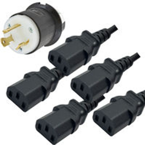 NEMA L6-30 Male Plug to 5 Way IEC320 C13 Connectors 2.0 Meters / 6.5 Feet 15A/250V 12/3 & 14/3 SJT 24 Inch Legs Black - Splitter Power Cord
