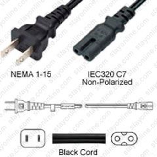 Cisco Compatible CAB-AC2= NEMA 1-15 Male Plug to IEC320 C7 Connector 1.8 Meters / 6 Feet 7A/125V 18/2 SPT-2 Black - Power Cord Hanked