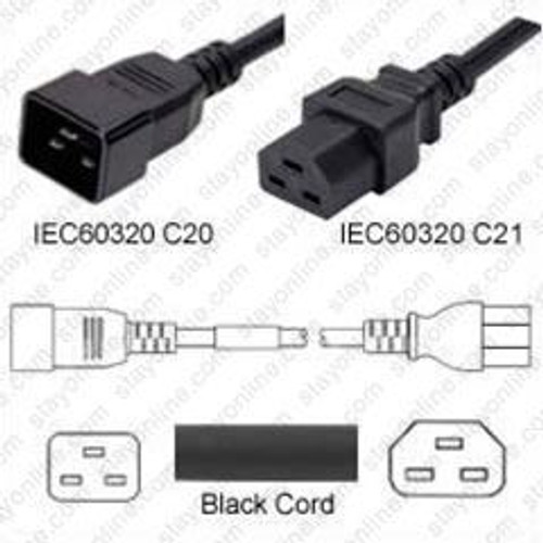 IEC320 C20 Male Plug to C21 Connector 0.9 Meters / 3 Feet 20A/250V 12/3 SJT Black - Power Cord